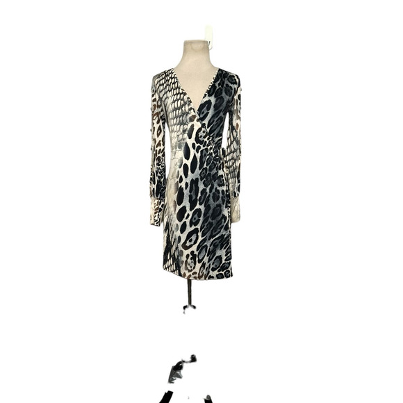 S - Twelve cream brown gray animal print long sleeves wrap dress size small - Picture 1 of 14